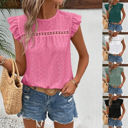 Women's T Shirt Tee Top Ruffle Eyelet Plain Fashion Stylish