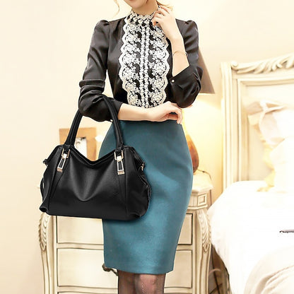 Handles Women’s and Top Faux with Handbag Black Leather