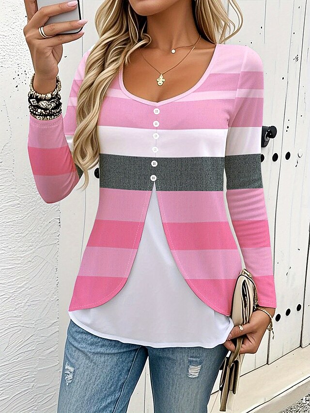 Women's T Shirt Buttons Print Tiered Graphic Striped