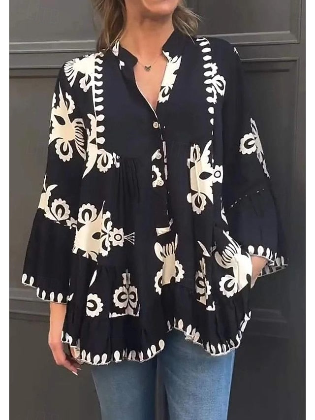 Women's Shirt Blouse Ruffle Buttons Print Graphic Bohemia