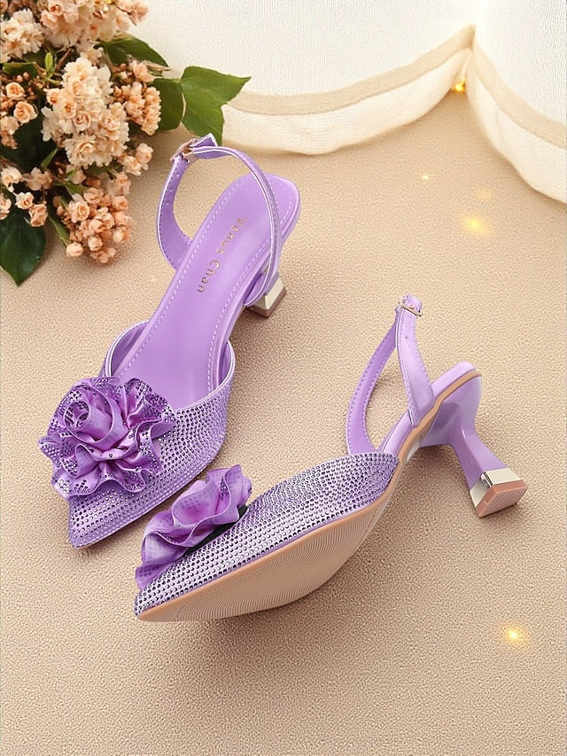Floral Heels Purple with Women's Rhinestone Slingback