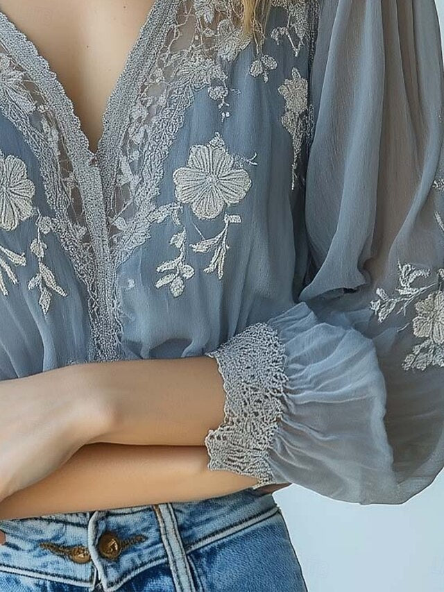 Women's Shirt Blouse Mesh Floral Vintage Stylish Classic