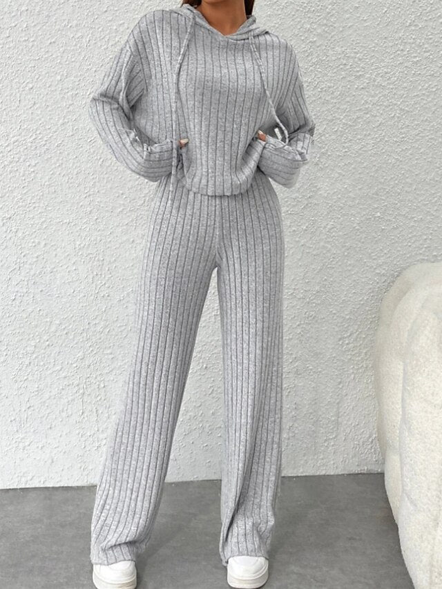 Women's Pants Sets Bolero Top Long Sleeve Hooded Solid