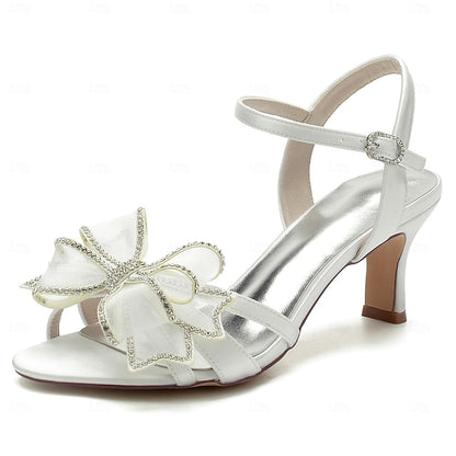 Kitten Detail Sandals with Bridal Heel Luxury Rhinestone Bow –