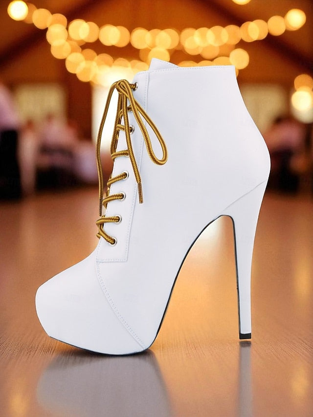 Boots Beige Platform Women's - Lace-Up Ankle Leather Faux