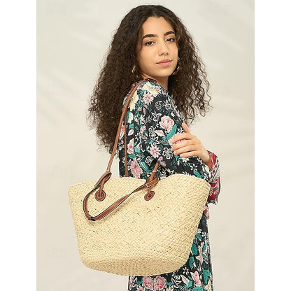 Chic Large Bag Straw Tote with Straps Women's Leather Boho