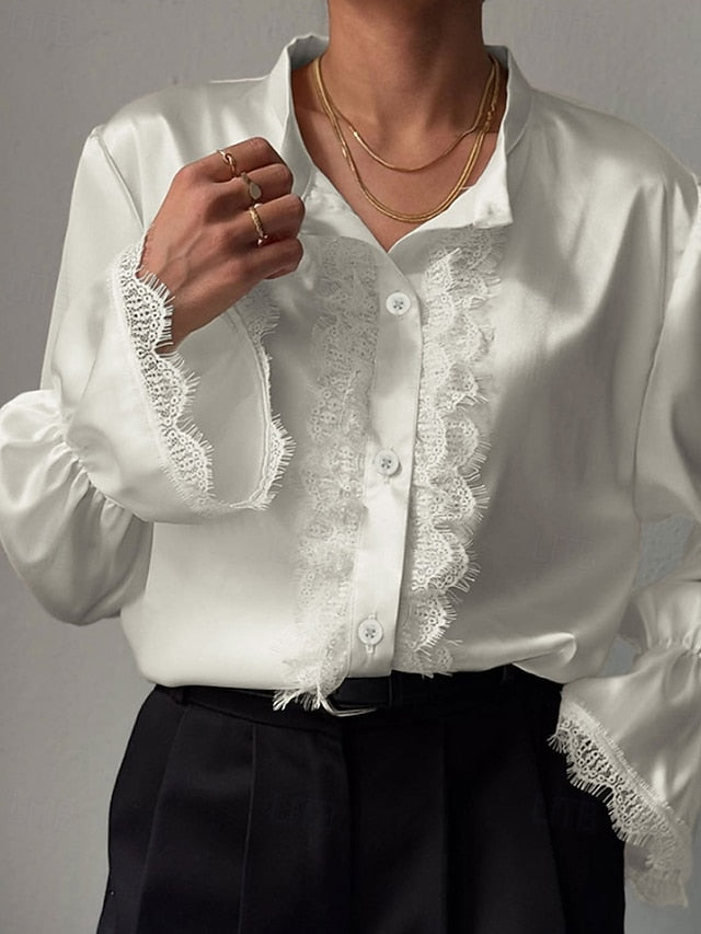Women's Shirt Elegant Satin Top Blouse Patchwork Lace Trim