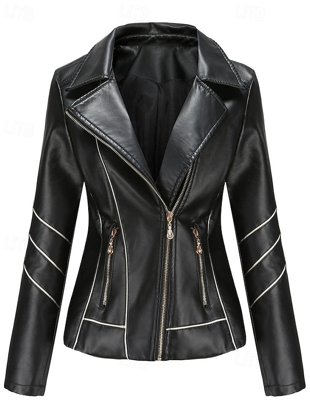 Faux Jacket Leather Pocket Zipper Women's Comfortable