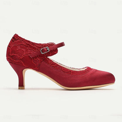 Satin Comfortable - Heels Elegant Red Women's Lace Mid-Heel