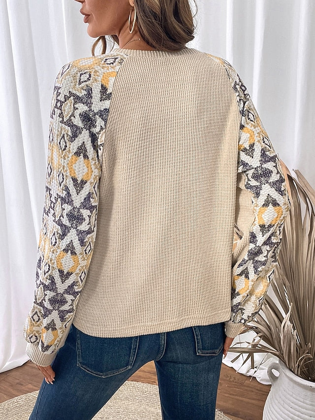 Women's Waffle Knit Tops Patchwork Color Block Print