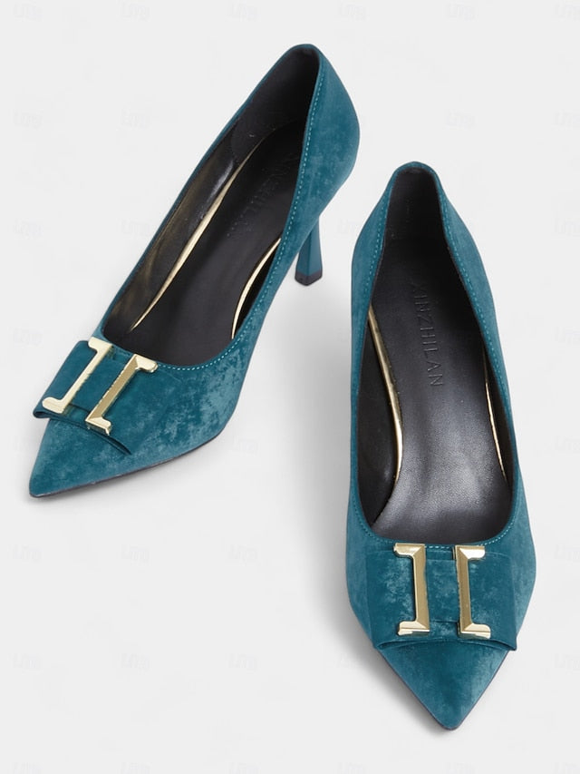 Pointed Teal - Women's Pumps Velvet Elegant Heel Kitten Toe