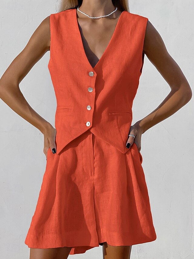 Women's Cotton Linen Sets Shorts Sets Bolero Top Sleeveless