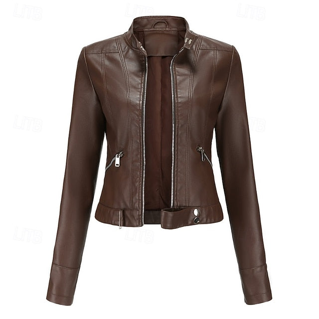 Faux Zipper Jacket Pocket Leather Women's Comfortable