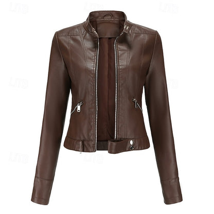 Faux Zipper Jacket Pocket Leather Women's Comfortable