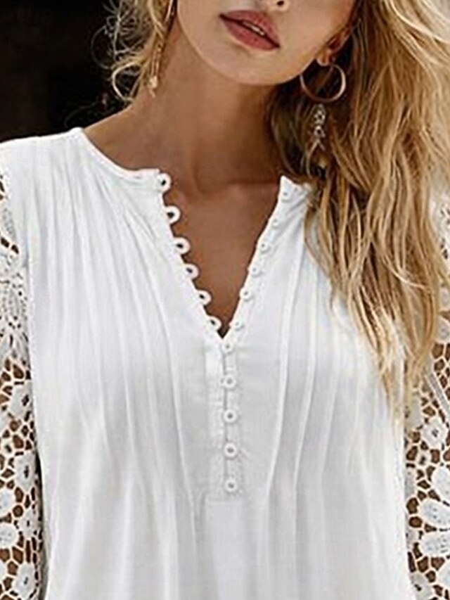Women's Blouse Lace Tops Lace Buttons Solid Color Elegant