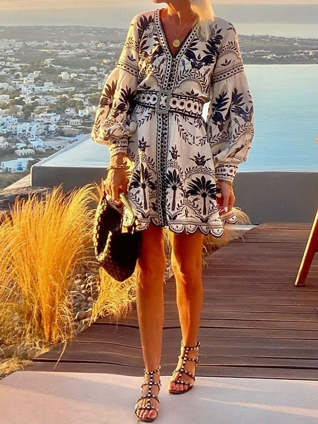 Women's Floral V Neck Mini Dress Long Sleeve Summer Spring