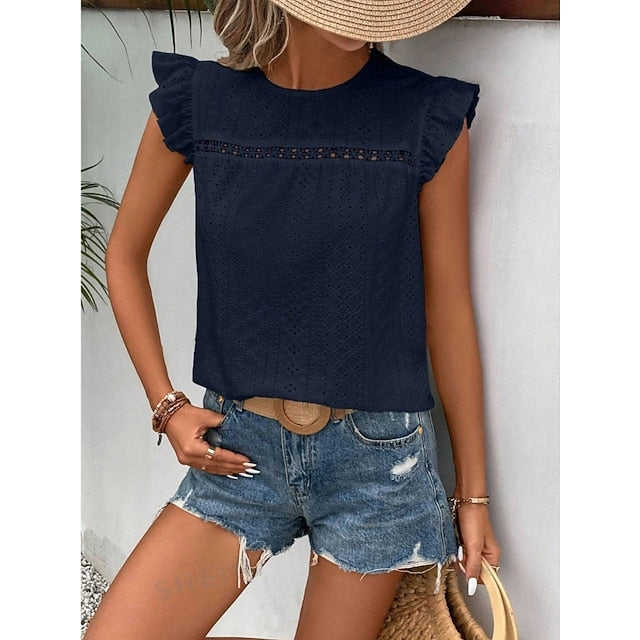 Women's T Shirt Tee Top Ruffle Eyelet Plain Fashion Stylish
