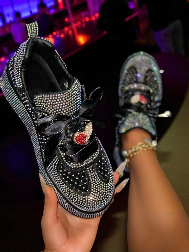 White Women's Rhinestone Sneakers Ribbon with Laces Satin