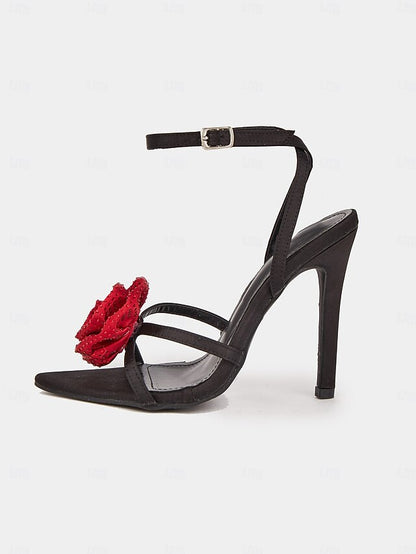 Sandals Black with Embellishments - High Red Heel Floral Chic