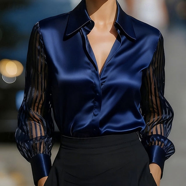 Women's Shirt Elegant Satin Top Blouse Ruched Eyelet