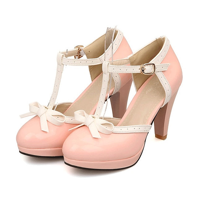 White High Leather Women's Patent Black with Heels T-Strap