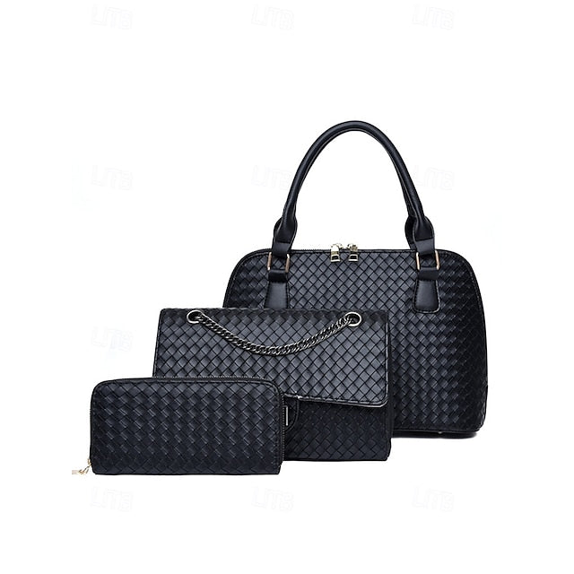 Handbag Set Brown Leather Women's Woven – 3-Piece Faux
