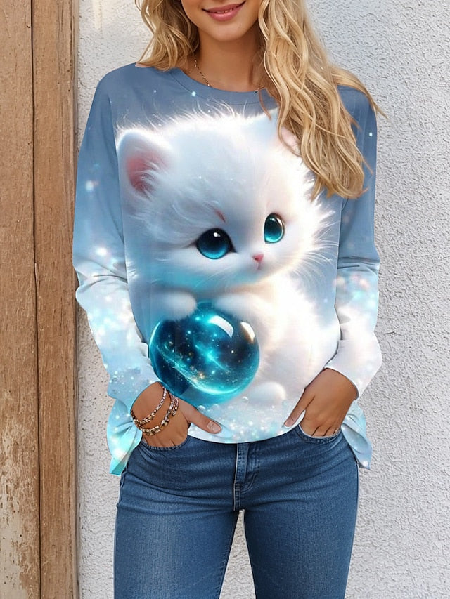 Women's T shirt Crew Neck Long Sleeve Tunic Cat 3D Funny