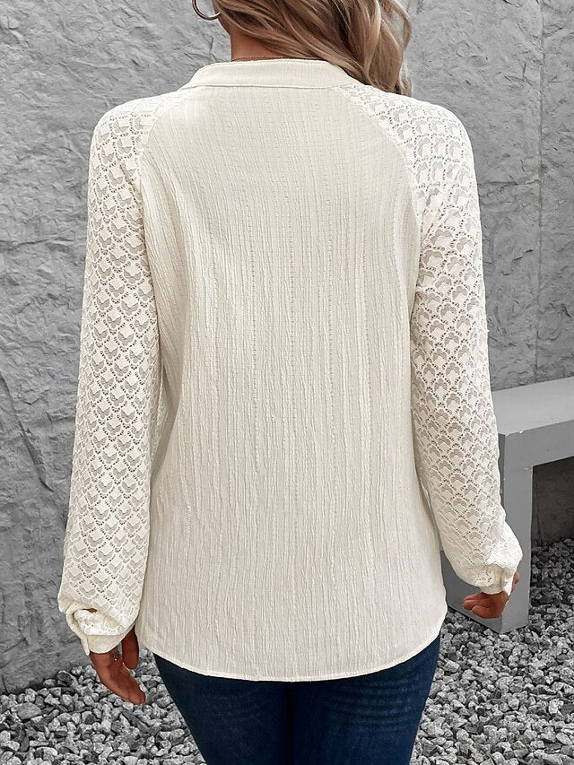 Women's Blouse Lace Buttons Solid Color Stylish Casual Long