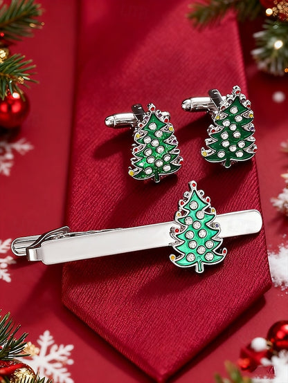 and Christmas Tie - Set Clip Men's Cufflinks Tree Festive