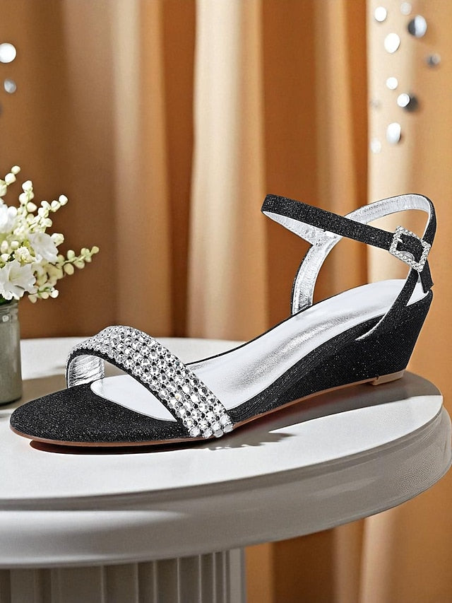 Rhinestone Sandals Toe Open Champagne Wedge Women's -