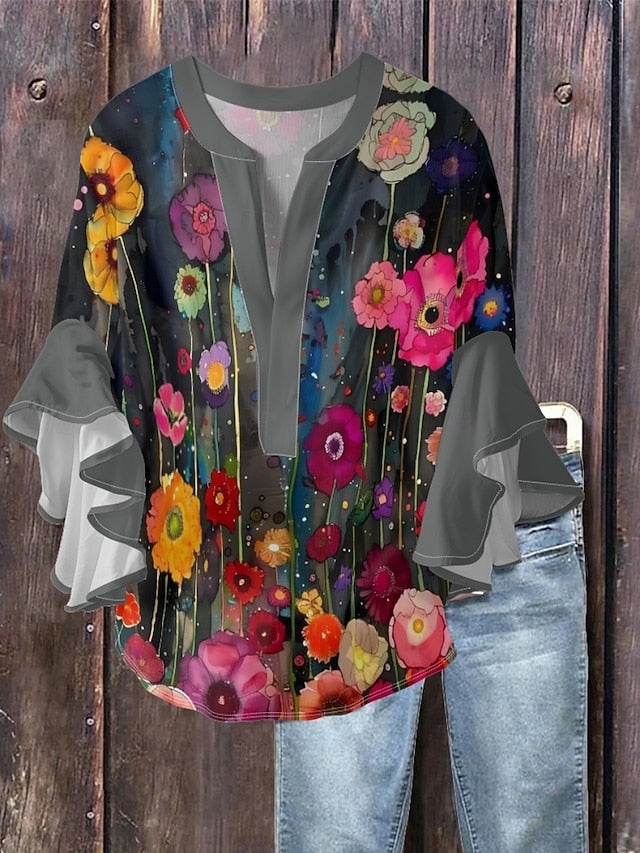 Women's Blouse Ruffle Print Floral Stylish Modern 3/4