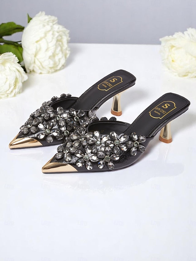 – Mules Women's Embellished Black Rhinestone Pointed-Toe