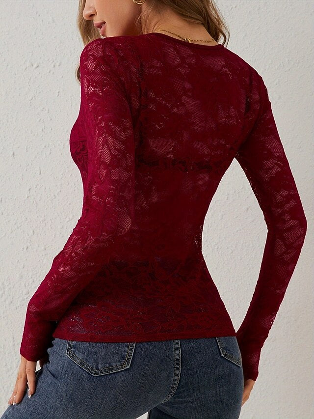 Women's Lace Shirt Blouse Lace Patchwork Solid Color