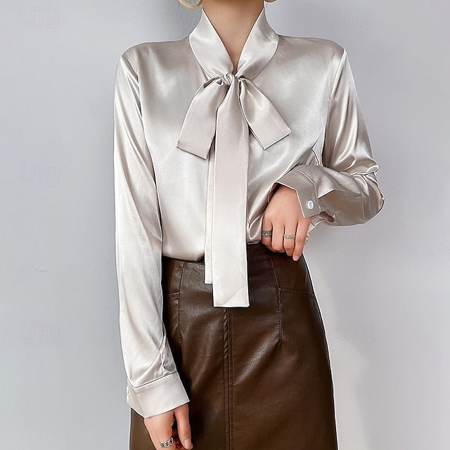 Satin Solid Women's Shirt Buttons Top Elegant Silk