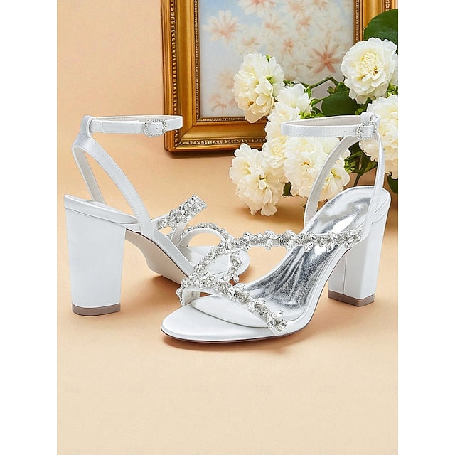 Rhinestone Women's Straps Block Heel - White Sandals with