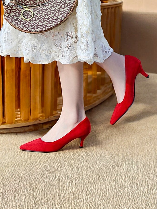 Suede Women's Emerald Pointed-Toe Kitten Pumps with Green