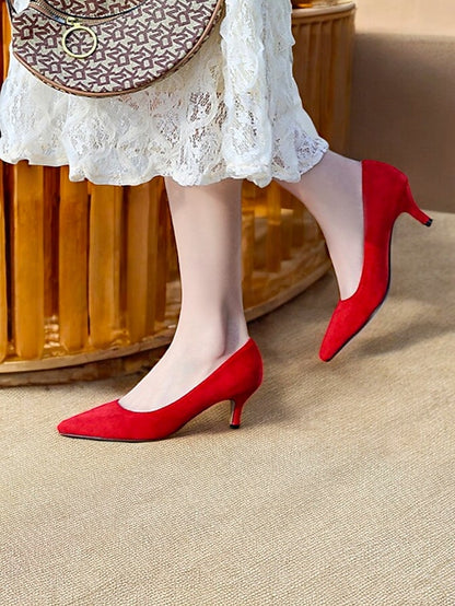 Suede Women's Emerald Pointed-Toe Kitten Pumps with Green