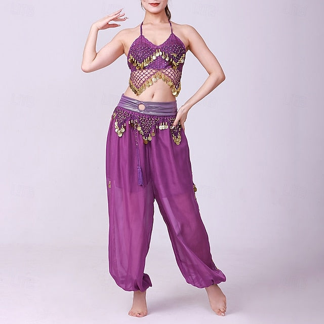 Latin Dance Top Gold Coin Pure Color Splicing Women's