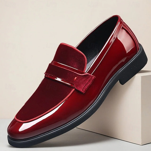 Red Loafers Sleek Leather Men's Velvet with Design Faux –