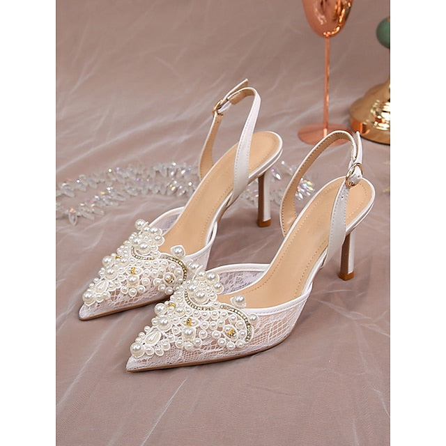 White Slingback Heel Kitten Pointed-Toe Pearl-Embellished with