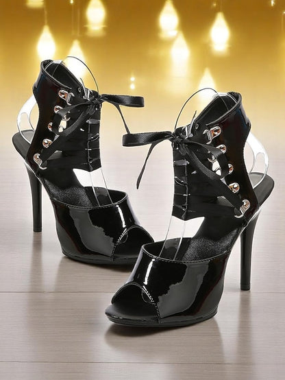 Cutout Lace-Up Sandals Patent Women's Black Sexy - Stiletto