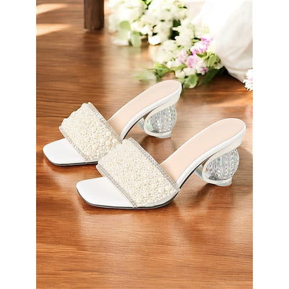 Women for Mules Wedding Open-Toe – Pearl-Embellished Bridal