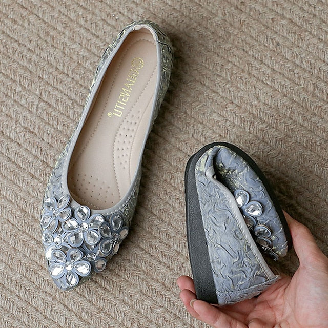 Floral Embellished Women's Flats - Foldable Wedding Crystal
