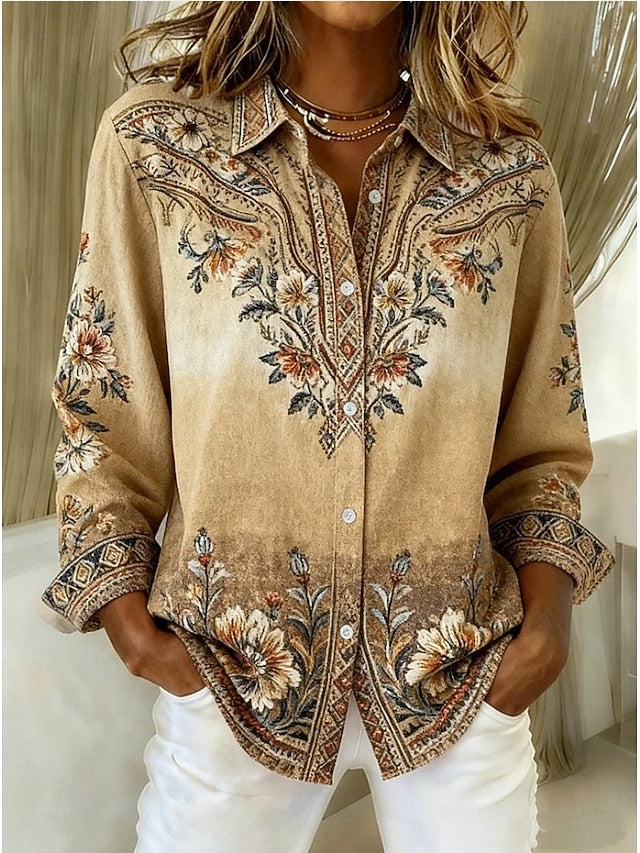 Women's Shirt Blouse Patchwork Buttons Print Floral Graphic
