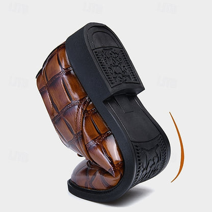 Brown Men's Crocodile-Pattern Leather Shoes