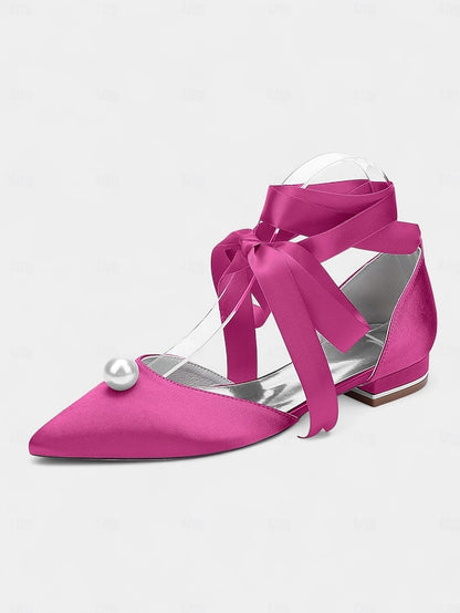 Satin Toe Embellished Pearl - Flats Pointed Women's Navy