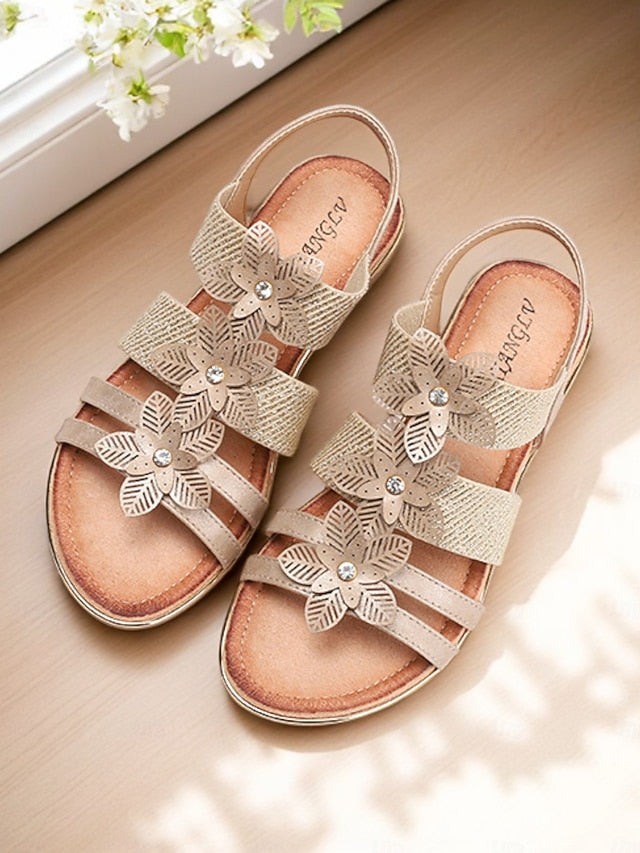 Floral Rhinestone Sandals Flat Women's Beige – Elegant