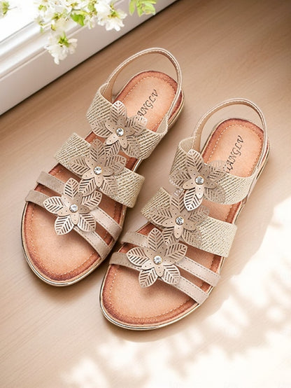 Floral Rhinestone Sandals Flat Women's Beige – Elegant