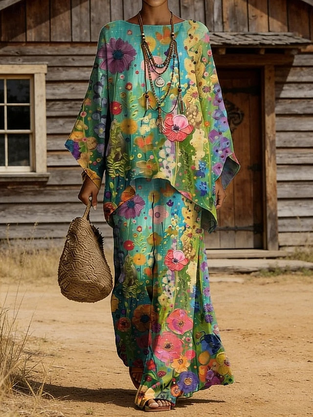 Women's Pants Sets Long Sleeve Round Neck Floral Graphic