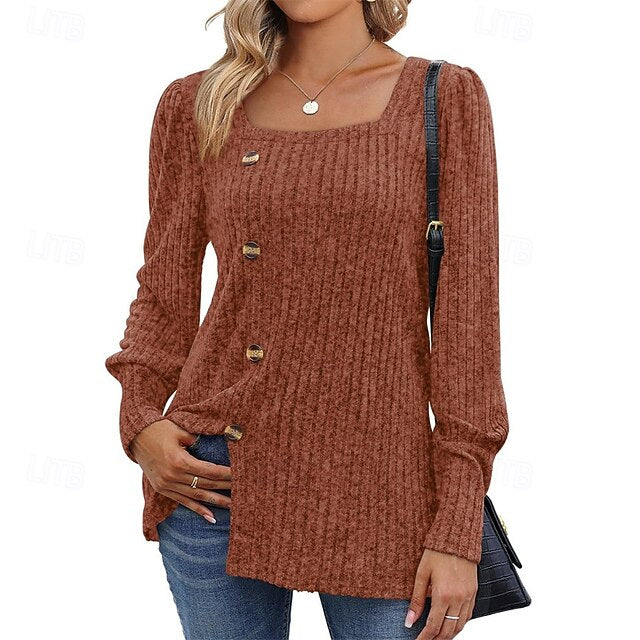 Women's Texture Blouse T Shirt Tee Top Buttons Plain